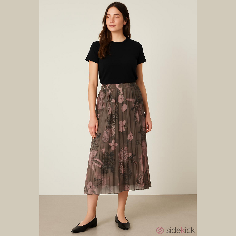 NWT Pistache Olive Maxi Skirt with Pink Floral Motif Pleated